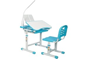 Gowxil Kids Functional Desk and Chair Set, Height Adjustable Children School Study Desk with Tilt Desktop, Bookstand, LED Light, Metal Hook and Storage Drawer for Boys Girls(Blue)