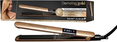 Alisador dourado SAINT ALGUE - Alisamento a partir de raiz, placas finas de cerâmica e turmalina, temperatura 150-230°C, para cabelo liso a ondulado, design ergonómico e profissional.