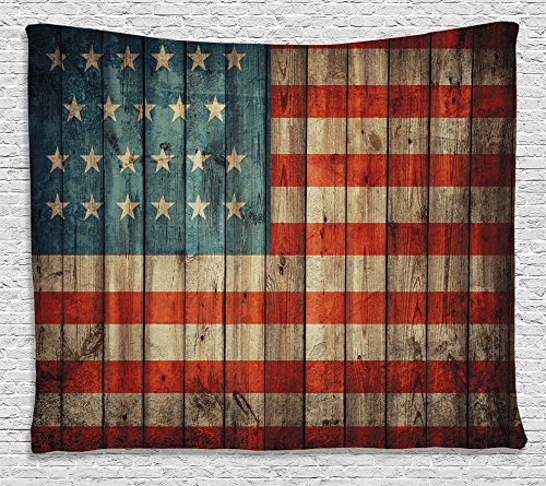 American Flag Tapestry Decor by Ambesonne, USA Flag Patriotism Painted Old Wooden Looking Background Design, Bedroom Living Kids Girls Boys Room Dorm Accessories Wall Hanging Tapestry, Blue Red