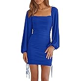 Imysty Womens Mesh Long Sleeve Square Neck Bodycon Ruched Party Cocktail Drawstring Mini Dress