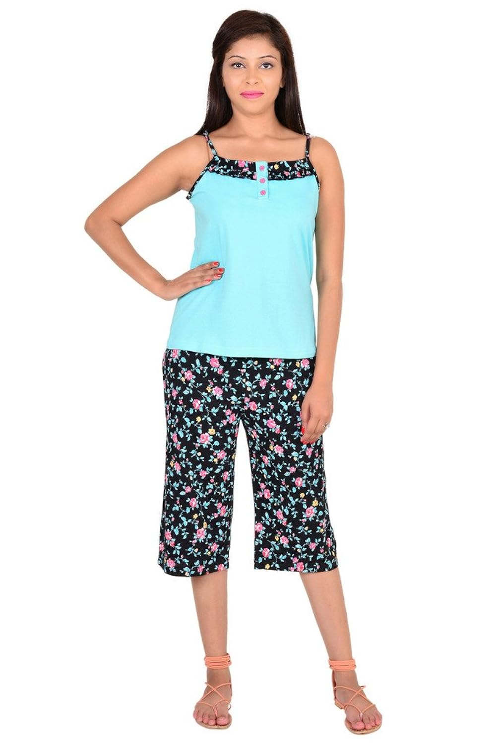 9teenagain printed 3/4 th shorts with strap top night suit set_4aw16-0283-ns1-p