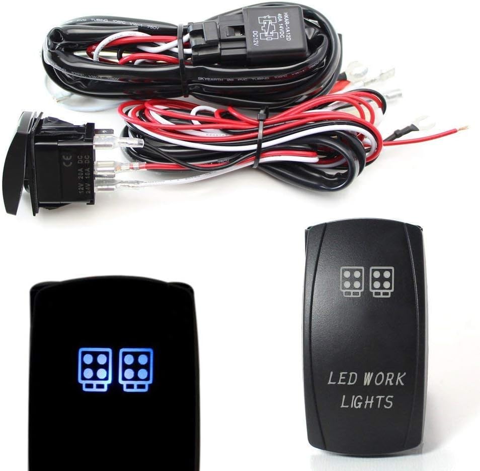 iJDMTOY 2-Output Universal Relay Wiring Harness with LED Work Light Blue LED Light ON/OFF Rocker Switch, Compatible With Off-Road LED Light Bar, LED Pod Lights, Aftermarket Fog Lights, Driving Lights