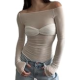 Women's Sexy Crop Top Long Sleeve Off Shoulder Going Out Tops Slim Fit Mesh Ruched Twisted Blouse Y2K T Shirt