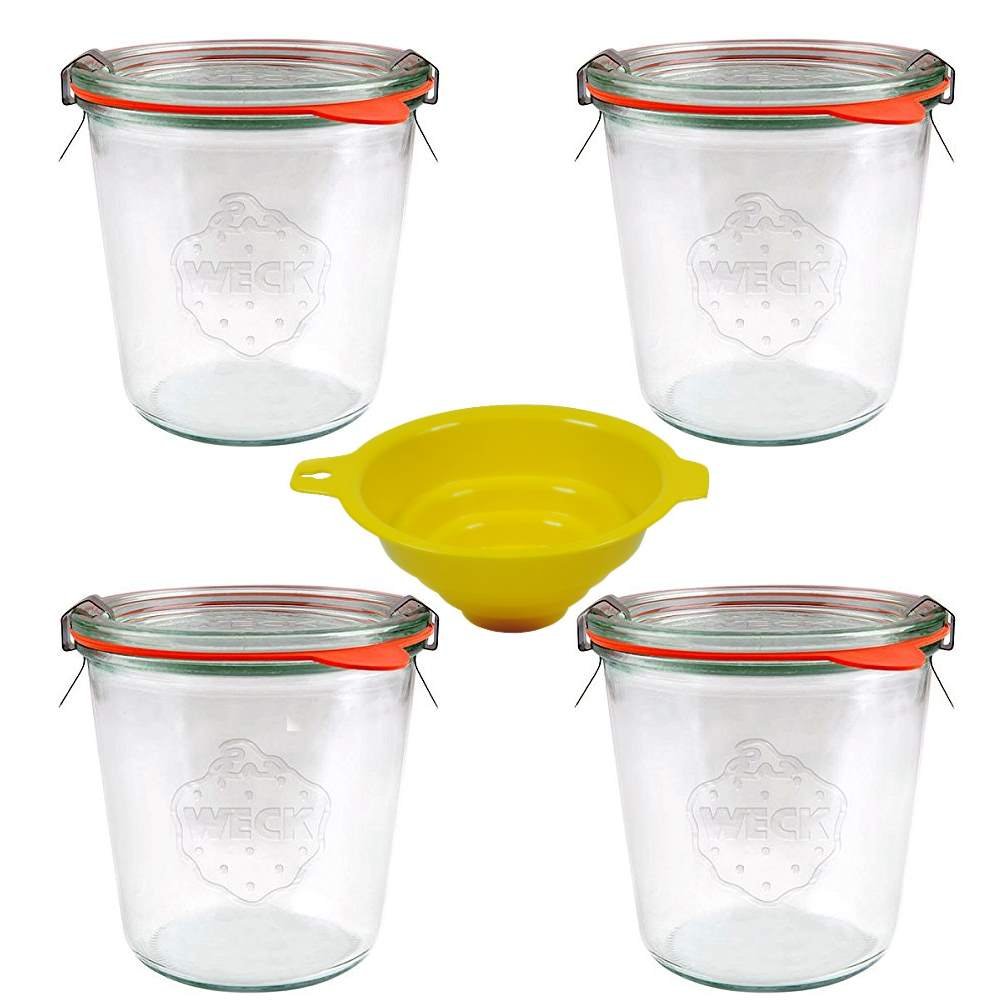 4 Glass Jars/Round Edge Jars 500 ml (Also Suitable for Cakes in Glass) Including Clips and Rings and a Yellow Filling Funnel with Lock