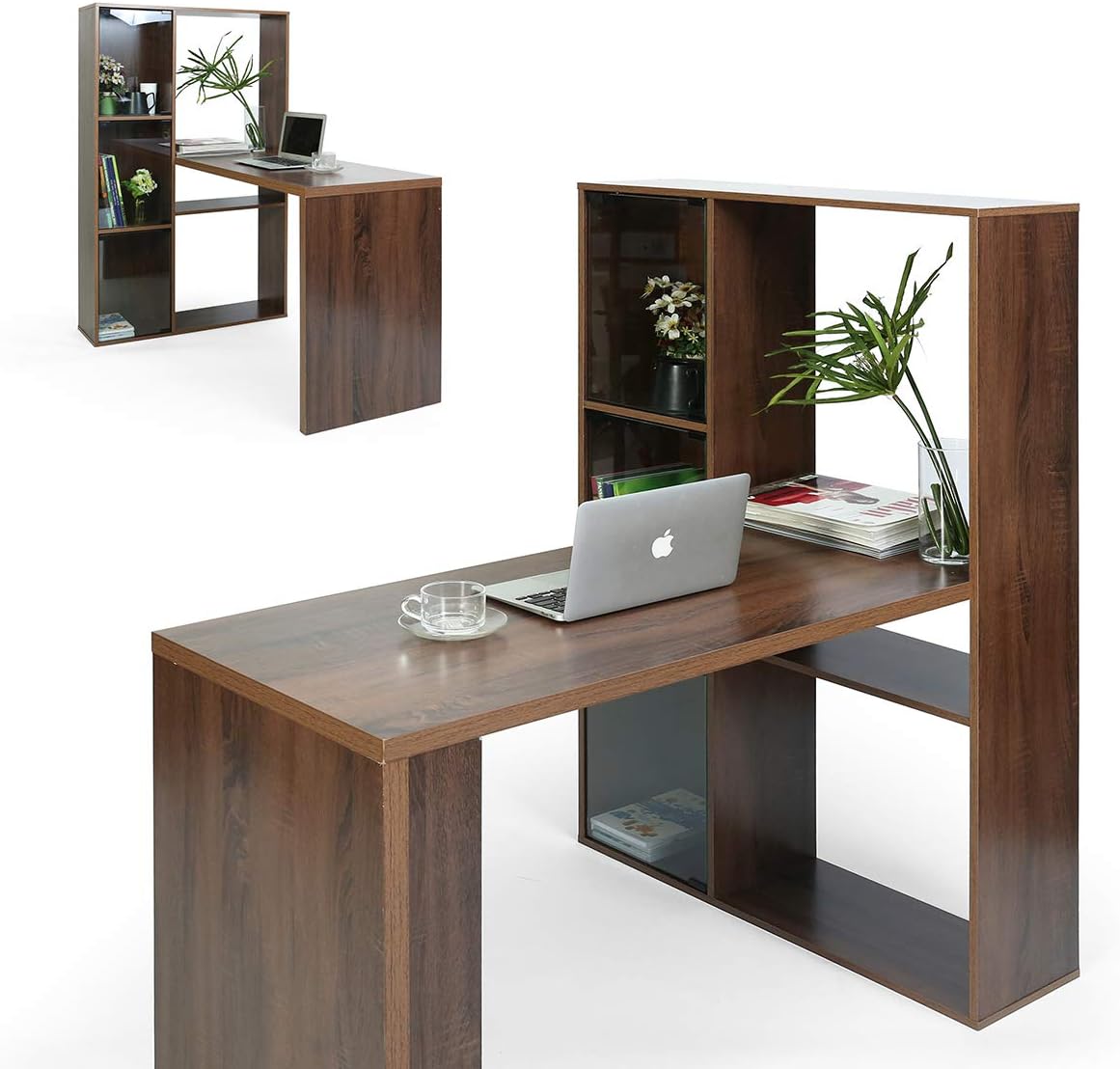 Ihouse Wooden Computer Desk Modern Style Writing Study Table with 3 Tier Bookshelves Home Office Compact Multipurpose Workstation (Walnut)