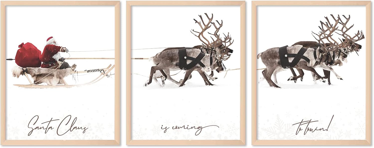 Wall Décor - AnyDesign 3Pcs Christmas Wall Art Prints 11x14in Santa Claus Reindeer with Sleigh Art Poster Decor Large Aesthetic Xmas Posters Room Decor for Gallery Living Room Bathroom Wall Decor(UNFRAMED)