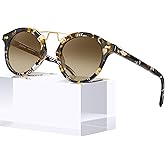 CARFIA Small Face Acetate Polarized Sunglasses for Women UV Protection, Retro Double Bridge Eyewears Metal Brow Round Sunnies