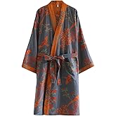 Cotton Double Gauze Traditional Hanfu Midi-length Nightdress Printing Tie-belt Bathrobe Loose Pajamas Comfortable Nightgown Sweat Steaming Yukata Sauna Suit Sleepwear Kimono for Women Large(Grey)