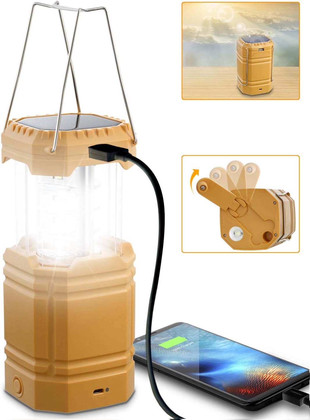 Camping Lantern Solar Hand Crank Powered, Rechargeable LED Lantern Flashlight 3000mAH Power Bank, Waterproof, Long Runtime, Portable Emergency Lantern Camping Light for Home, Outages, Survival Kits