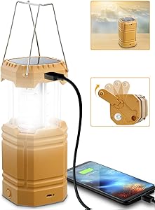 Camping Lantern Solar Hand Crank Powered, Rechargeable LED Lantern Flashlight 3000mAH Power Bank, Waterproof, Long Runtime, Portable Emergency Lantern Camping Light for Home, Outages, Survival Kits