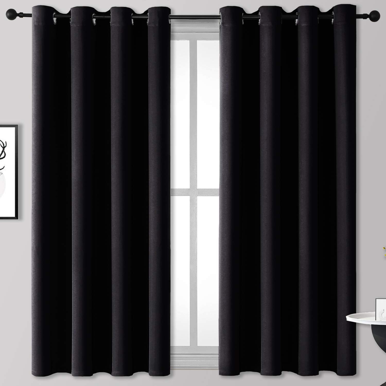 Rutterllow Blackout Curtains for Bedroom, Thermal Insulated Room Darkening Curtains 2 Panels for Living Room, Grommet Top (52x63 Inch, Black)