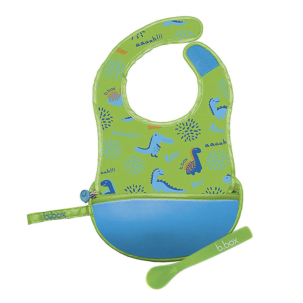 b.box Travel Bib with Soft Spoon, Foldable, with Carry Bag, Dino Time, 1 Piece, 30 cm, Green