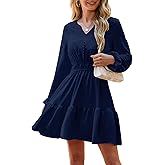 ETOSELL 2026 Womens Mini Dresses Long Sleeve Casual V Neck Empire Waist Ruffle Swing A-Line Dress with Button Decoration