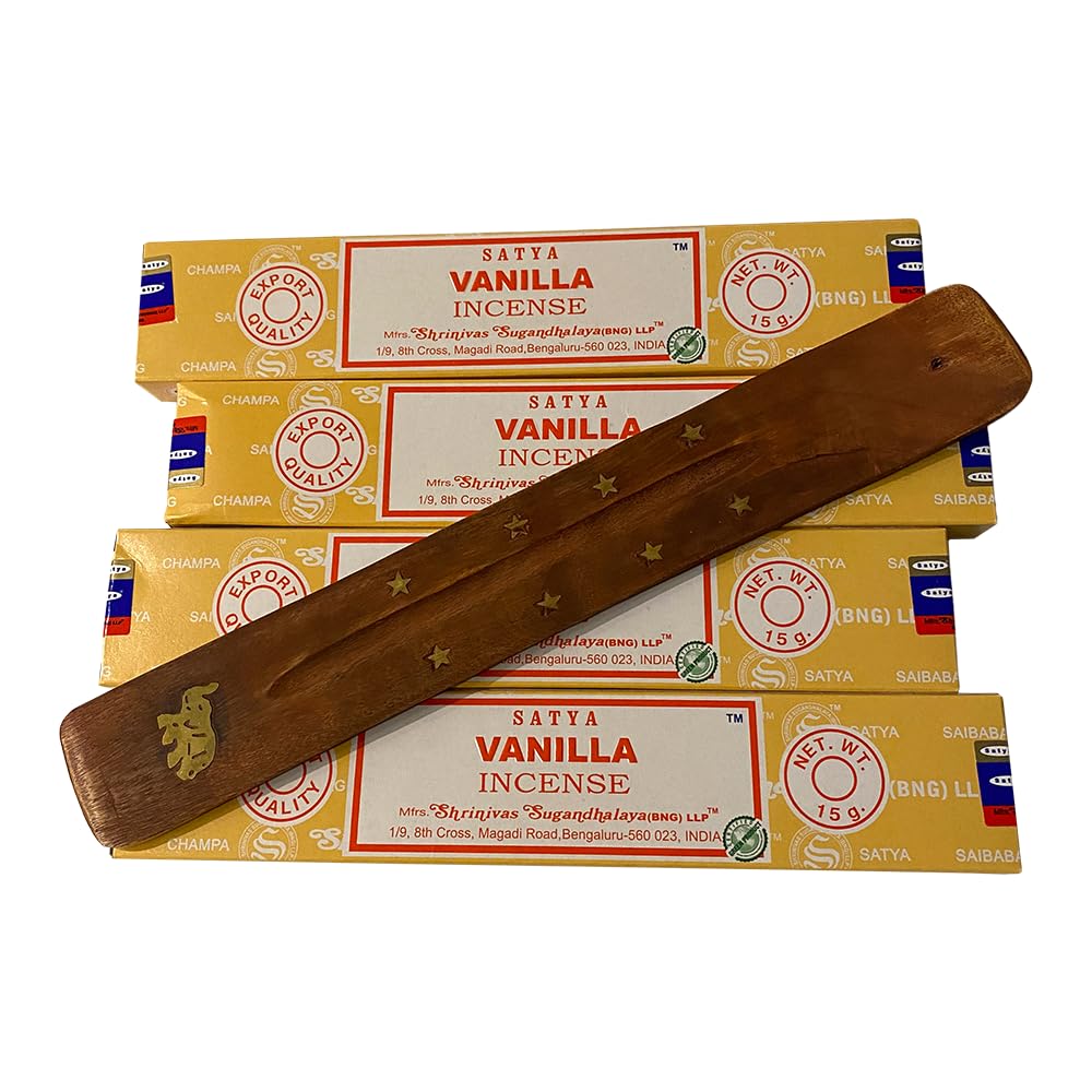 VIE Satya Incense Sticks, 4 Packs x 15g, with Incense Holder, Vanilla