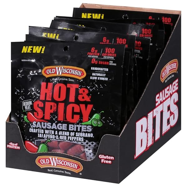 OLD WISCONSIN HOT & SPICY SAUSAGE SNACK BITES, NATURALLY SMOKED, READY TO EAT, HIGH PROTEIN, LOW CARB, KETO, GLUTEN FREE, 4 OUNCE RESEALABLE PACKAGE