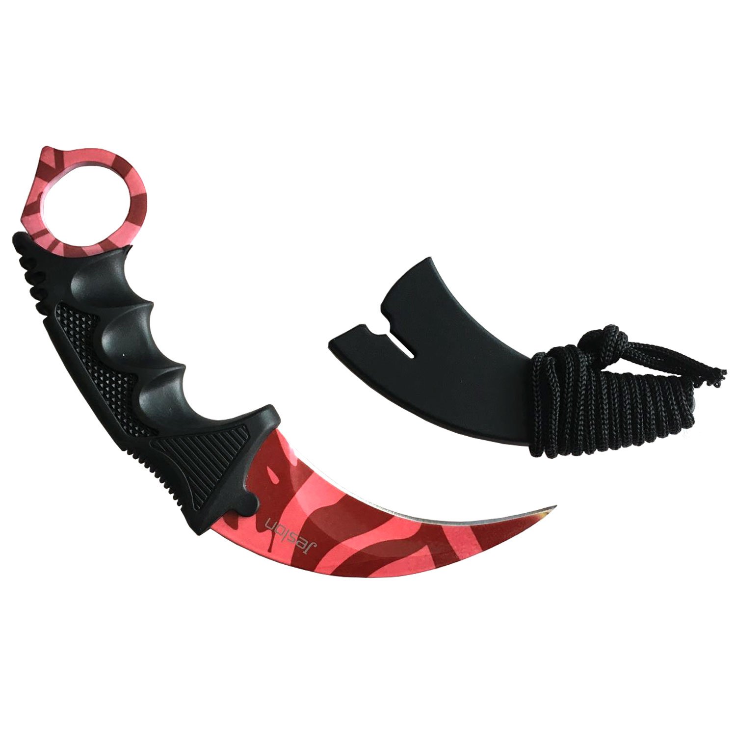 Jeslon Stainless Steel Tactical Karambit Hawbill Knife With Sheath and Cord,Survival Defense Claw Fixed Knife For Outdoor Hunting Camping Hiking Tools (Red zebre)