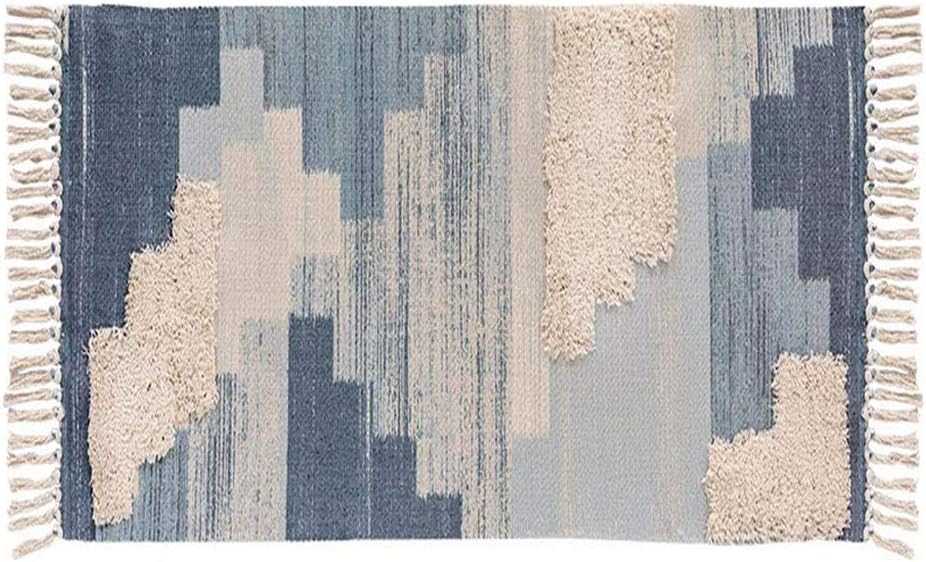 Area Rug Tuft Cotton, hand Woven Print Tassel Carpet Gradient Shag Throw Rugs Washable Floor Mat For Living Room Bedroom Entry-blue 50x80cm(20x31inch)