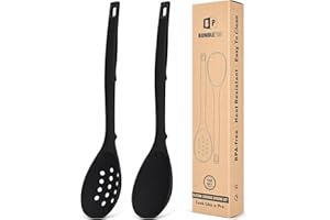 Pack of 2 Silicone Cooking Spoons, Non Stick Solid Kitchen Spoon with Measuring Marks & Back Hooks, Heat Resistant Silicone S
