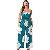 OYOANGLE Women's Plus Size Jumpsuit Floral Print Strapless Romper Summer Off Shoulder Vacation Outfit