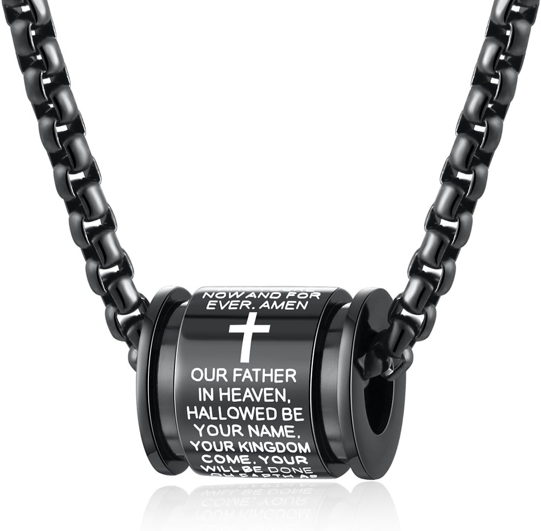 Molike Stainless Steel English Lord's Prayer Cross Cylinder Pendant Necklace for Men Women, 22" Chain