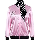 ZIFUNMUR 1950s Pink Satin Jacket with Neck Scarf Women Lady Halloween Cosplay Costume Fancy Dress Up Coat