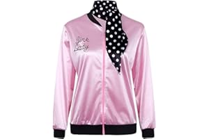 NielijuanST 1950s Women Lady Girls Pink Satin Jacket Halloween Cosplay Costume Fancy Dress Coat with Neck Scarf