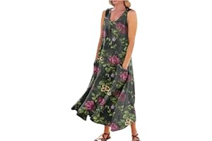ZXCTKA Summer Dresses for Women 2024,Casual Linen Print Boho Sundress O Neck Sleeveless Pockets Beach Vacation Maxi Dresses