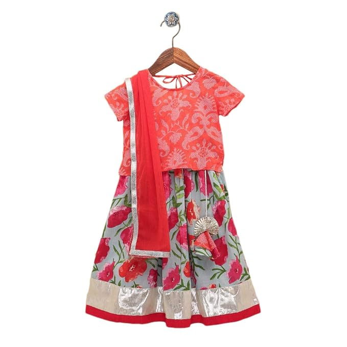Amber By Hopscotch Girls Cotton Floral Lehenga With Top And Dupatta in Gray Color
