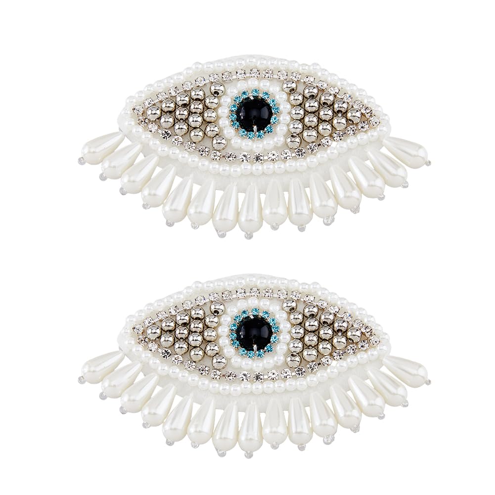 SUPERFINDINGS 2Pc Beaded Evil Eye Patches Sew on Tassel Beaded White Patches Imitation Pearl Evil Eye Appliques Garments Accessories Appliques for Vintage Sewing Skirt Costume Gown