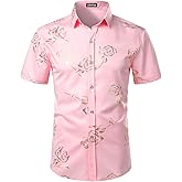 ZEROYAA Mens Hipster Gold Rose Printed Slim Fit Short Sleeve Button Down Dress Shirts