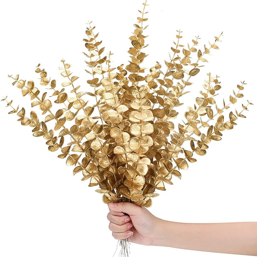 20 Pieces Artificial Eucalyptus Leaves Stems,Faux Plastic Plants,Greenery Stems Table Decoration for Floral Arrangement Vase Planting Filler Wedding Bouquets Centerpiece Wedding Home Party Gold