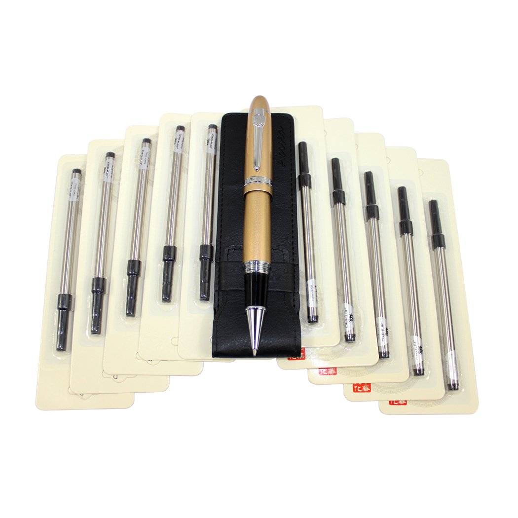 Abcsea 1PCS Heavy Big Rollerball Pen 159 and 10PCS Black Ink Rollerball Pen Refill, Spiral Ballpoint Pen Refills with Cover, Medium Point - Gold Pen and Black Spiral Refills (0.5MM)