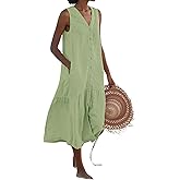 chouyatou Women's Summer Sleeveless Button Down Cotton Tank Dress Loose A-Line Tiered Tunic Beach Dress