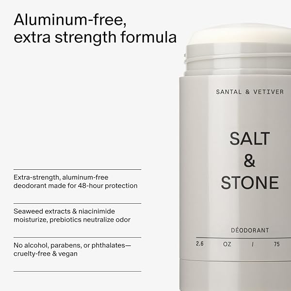 SALT & STONE ALUMINUM FREE DEODORANT | EXTRA STRENGTH 48 HOUR PROTECTION FOR WOMEN & MEN | MADE WITH SEAWEED EXTRACTS, NIACINAMIDE & PREBIOTICS | SANTAL & VETIVER