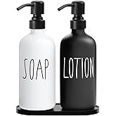 MOMEEMO Glass Soap Dispenser with Stainless Steel Pump, Contains Lotion Dispenser, Hand Soap Dispenser & Tray. (Black & White)