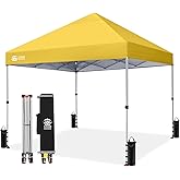 CROWN SHADES 8x8 Pop Up Canopy - Beach Tent with One Push Setup - Easy Outdoor Sun Shade for Events, Parties, Camping - Gazebo with STO-N-Go Cover Bag, Silver Coated Top, Yellow
