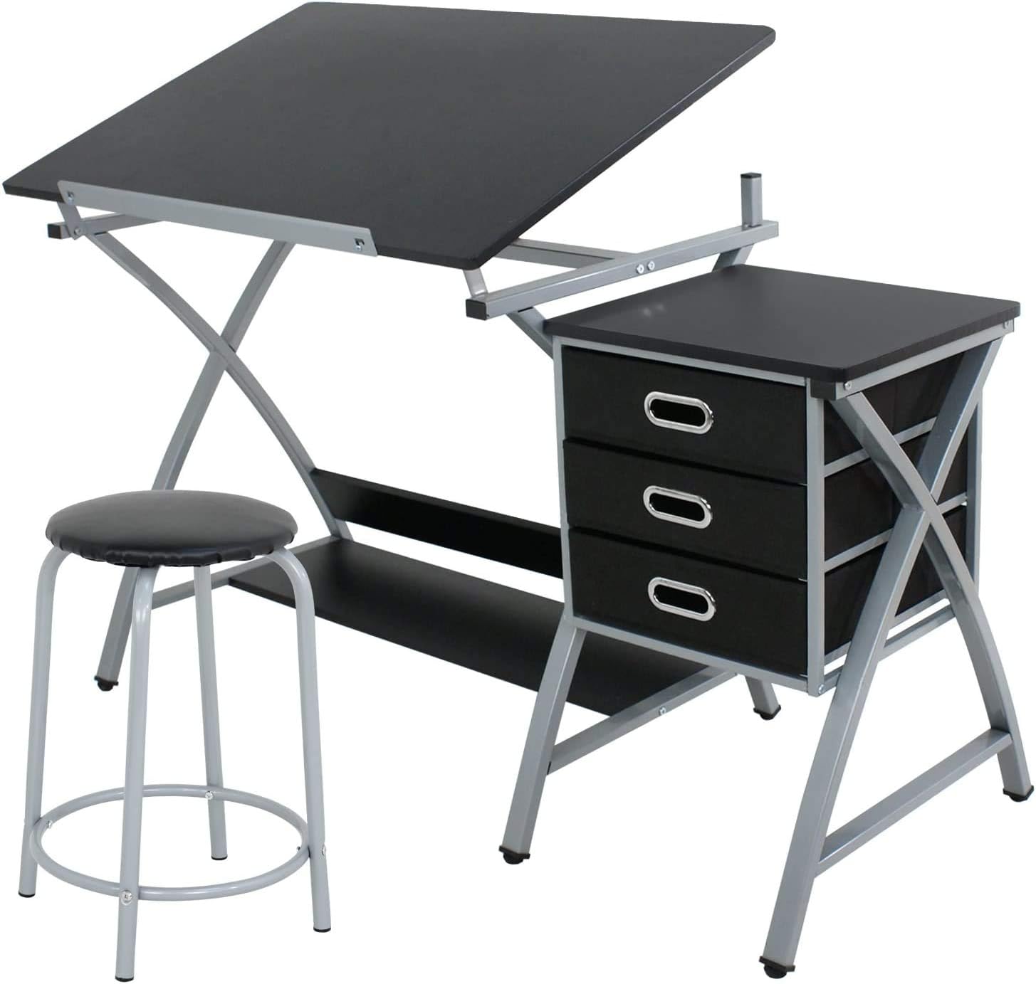 Epetlover Adjustable Drawing Desk Tabletop Tilted Drafting Table Folding Art & Craft Workstation with Stool and Drawers, Black