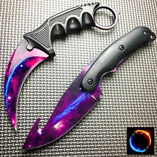 CSGO Black GALAXY KARAMBIT TACTICAL NECK Hunting BOWIE GUT HOOK FIXED BLADE KNIFE 2 PC SET (Limited Edition)