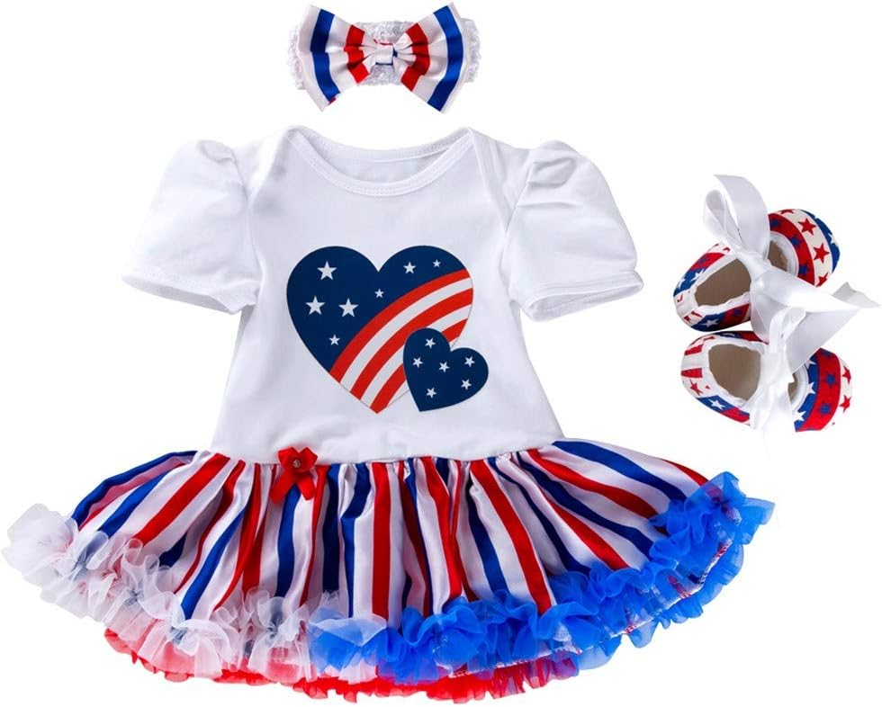 Hatoys Toddler Baby Girls 4th of July Stars Print Dress+Headbands+Shoes Set Outfit
