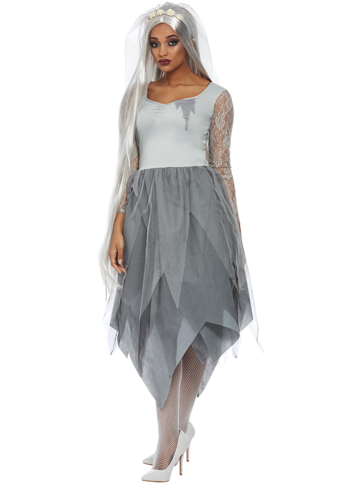 Smiffys Grave Yard Bride Costume, Grey Dress & Veiled Headband, Halloween Adult Fancy Dress, Witch Dress Up Costumes