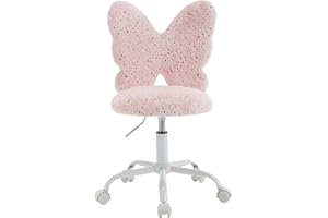LZAREAL Cute Fuzzy Kids Chair for Teenage Girls Rolling Study Desk Student Chair Furry Computer Task Chair, Adjustable Butterfly Shaped Reading Vanity Chair for Bedroom, Pink