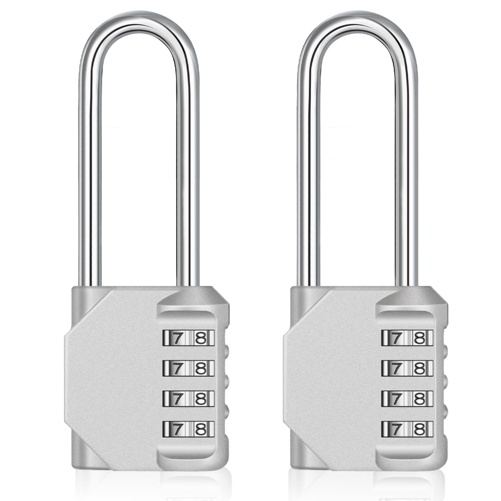 ZHEGE Combination Padlock Long Shackle, 4.53" Overall Height, 2.62" Shackle Height, Heavy Duty Weatherproof Padlock for Gate, Fence, Sheds, Containers, Gym and School Locker, Toolbox (2 Pack, Silver)