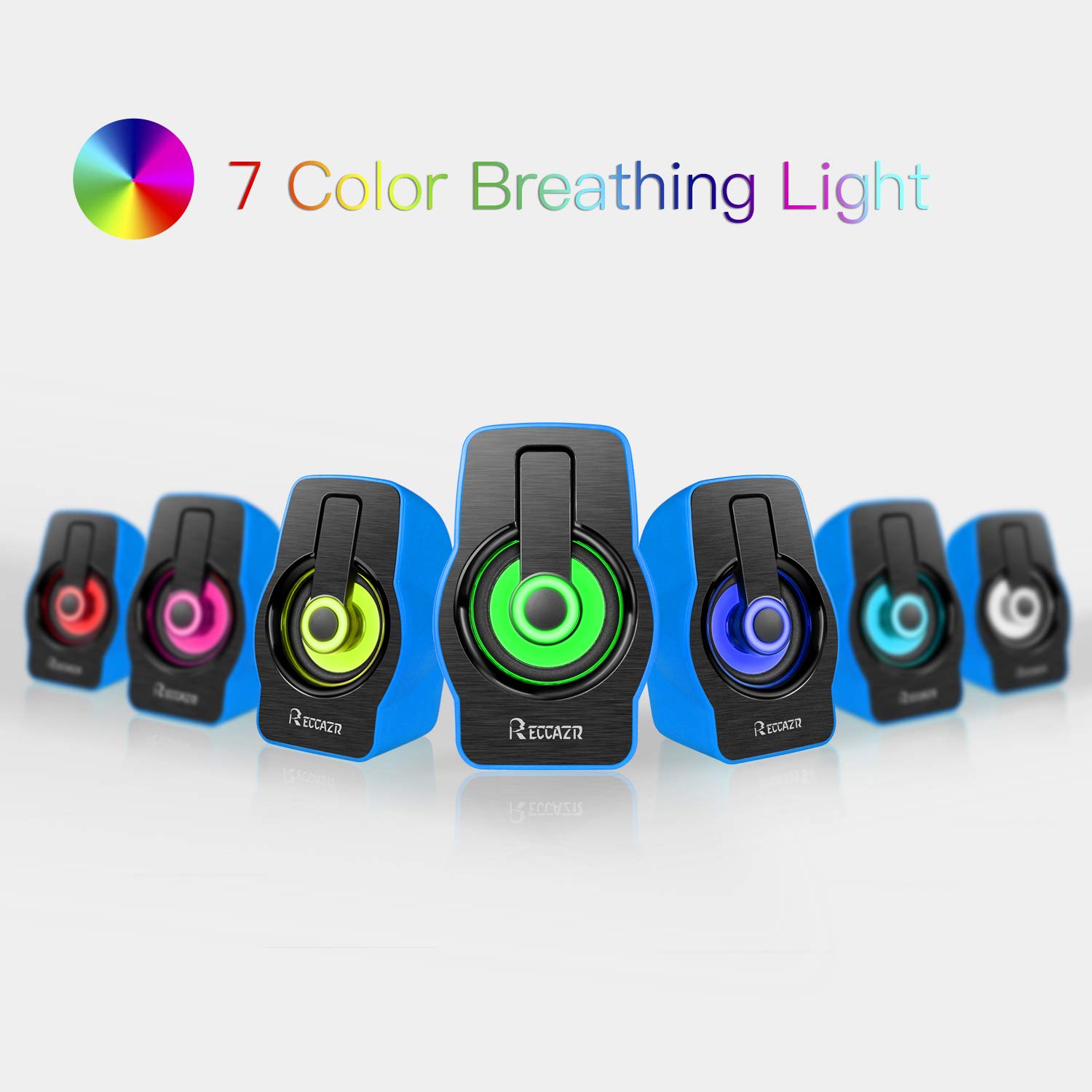 USB Powered Computer Speakers, Reccazr SP2070 Multimedia Stereo Sound Speakers with 7 Colors Breathing Lighting for PC(with3.5mm AUX and PC Input)-Blue