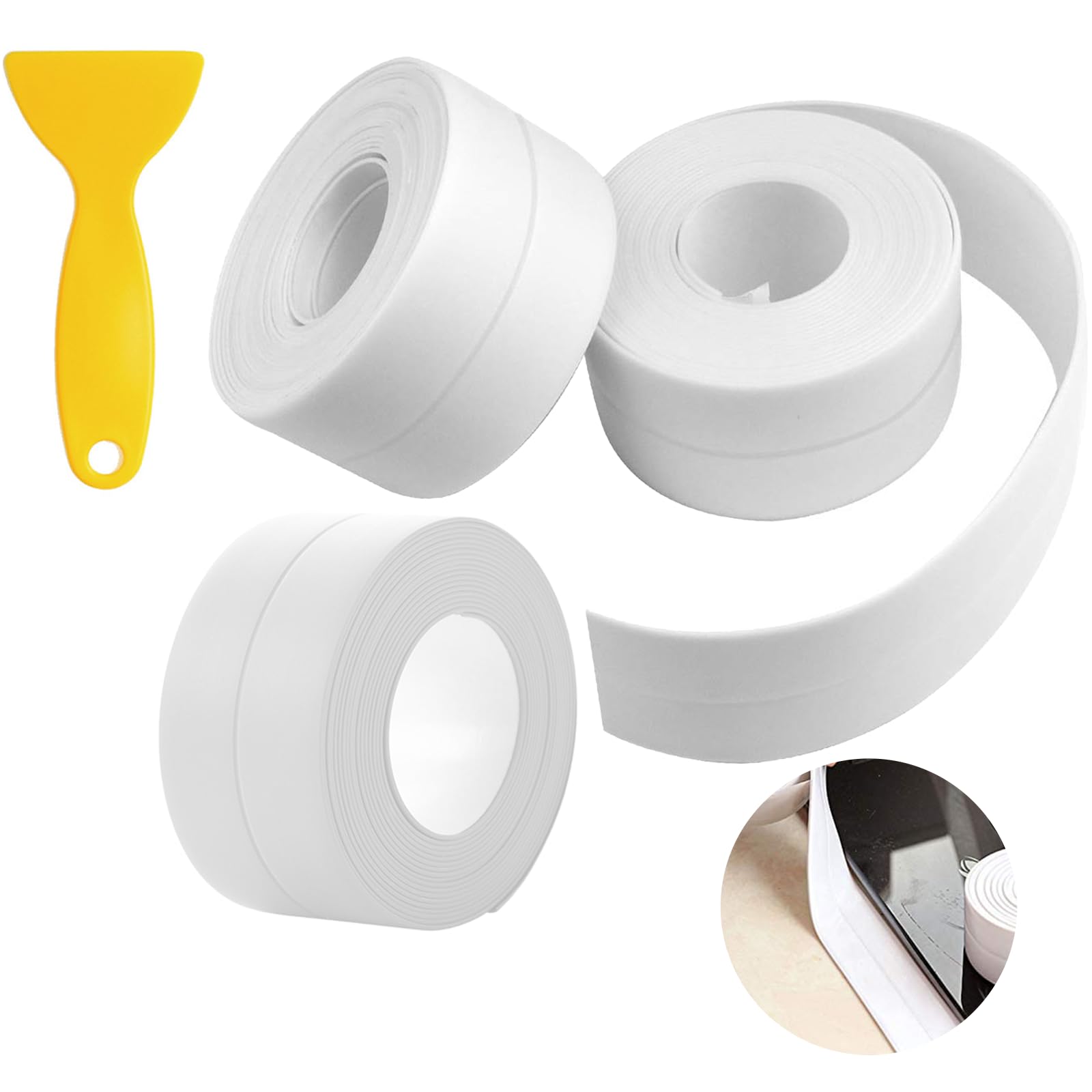 3 Rolls 38 mm x 3.2 m Waterproof Sealing Tape, Joint Sealing Tape, Waterproof Sealing Tape Sink, Ideal for Kitchens, Bathrooms, Sinks, Toilets (White)