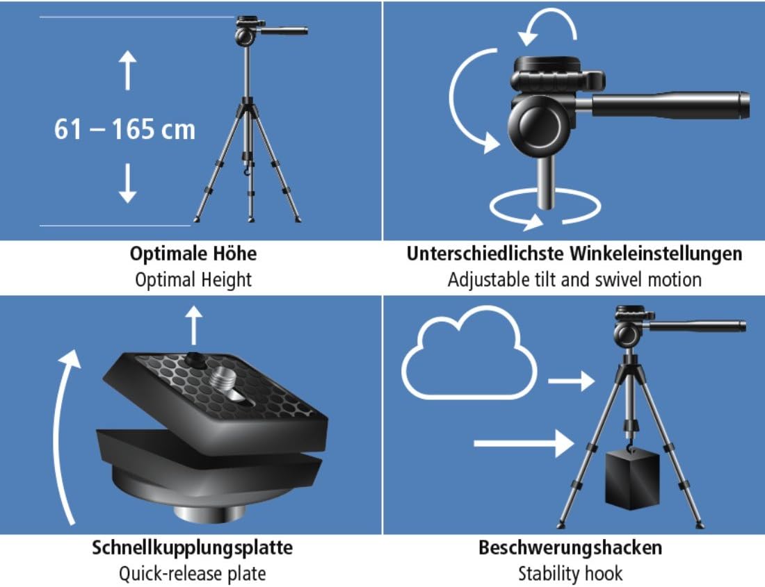 Hama "Action 165 3D" Camera Tripod Height 61-165 cm, 3-Way Ball Head, Rubber Feet & Spikes, Load-Bearing Capacity Up To 4kg - Image 4