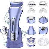 Electric Shavers for Women, 7 in 1 Hair Removal Kit with Epilator Bikini Trimmer Face Razor Body Brush Face Massager Foot Callus Remover, IPX7 Waterproof Lady Razors Set for Legs Armpit Bikini Pubic