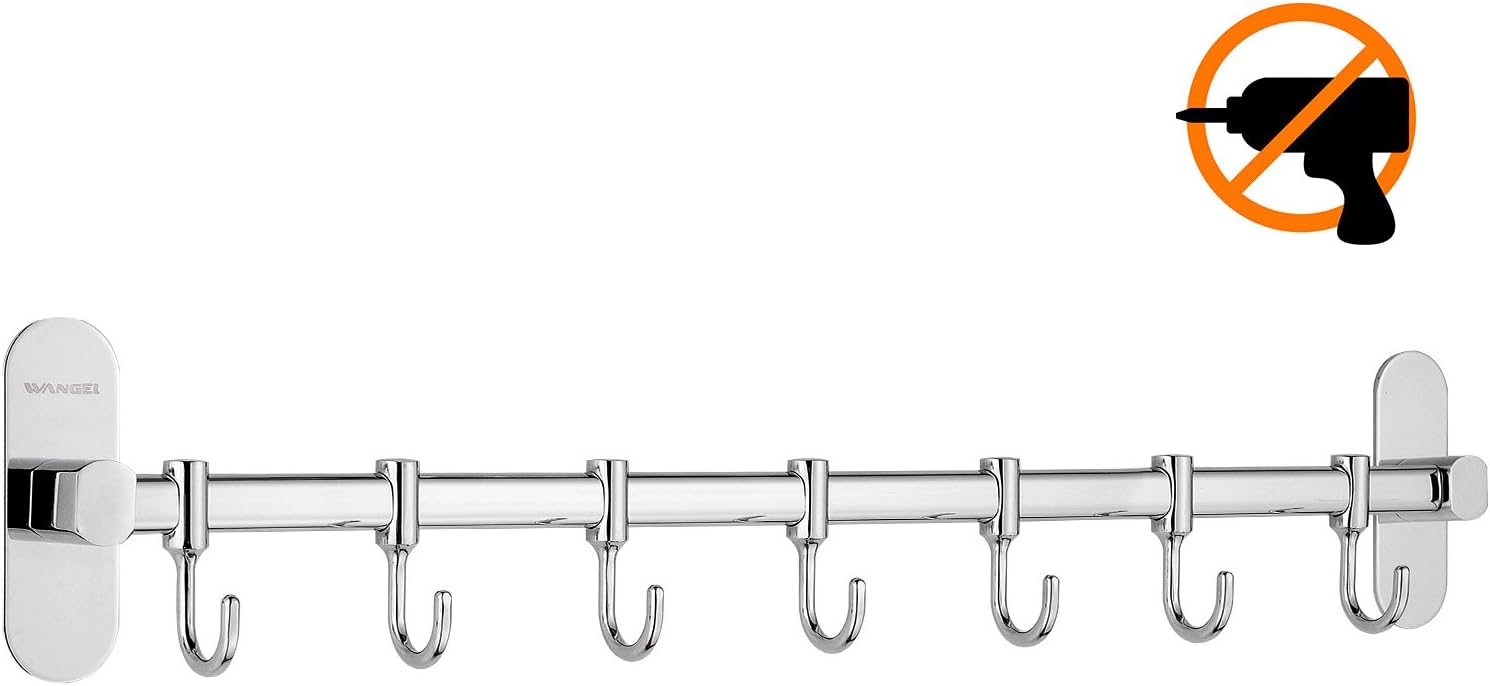 Wangel 7 Hooks Bar for Kitchen Utensil, Towel and Robe, Patented Glue + Self-Adhesive, Stainless Steel, Polished Finish