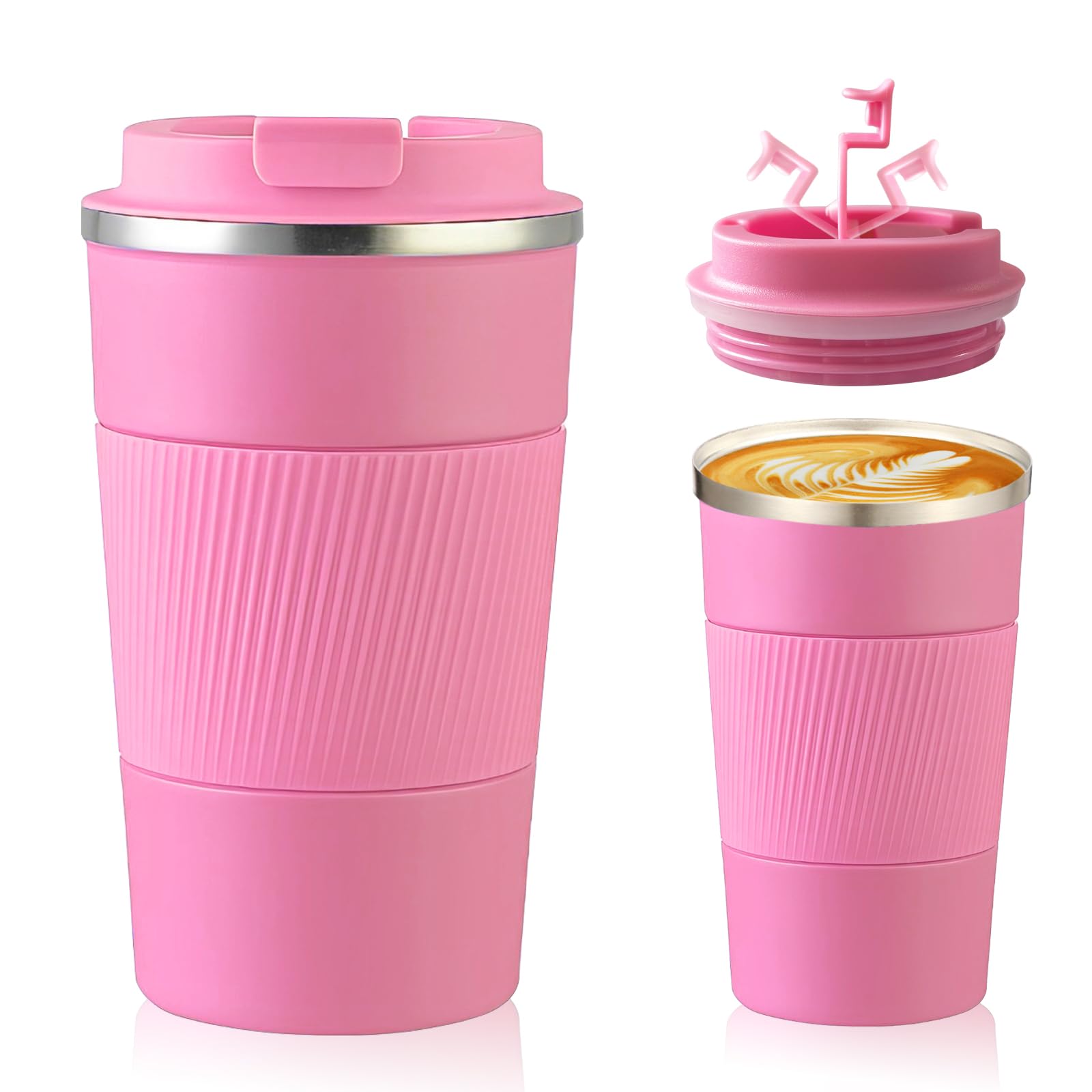 Senshuomy Travel Mug, Insulated Coffee Cup with Leakproof Lid, Reusable Coffee Cups Travel Cup, Stainless Steel thermaol Mug for Hot Cold Drinks (Pink 380ml)