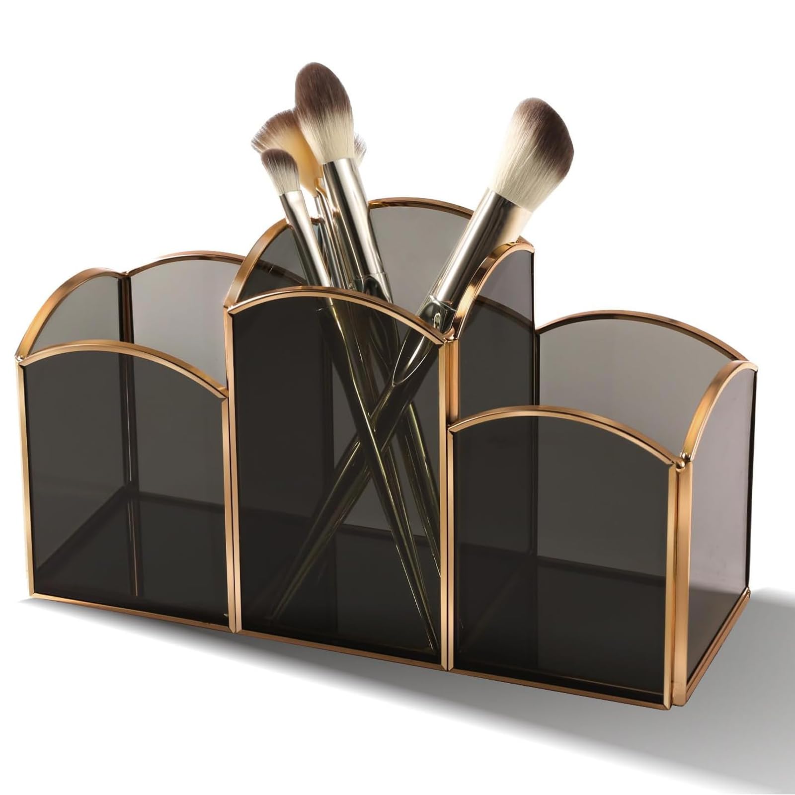 HARLIANGXY Makeup Brush Holder Glass, Clear Cosmetic Storage Organiser, Brush Holders for Dressing Table, Makeup Organiser Black, Vanity Desk Organiser with 3 Compartments