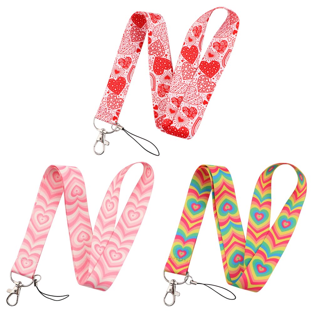 TRKETK 3-Piece Heart Lanyard, Cute Keychain Neck Strap - Durable 40cm Aesthetic Preppy Love Heart Key Lanyard for Teacher, Nurse, Students, Kids (Pink + Red + Rainbow Color)